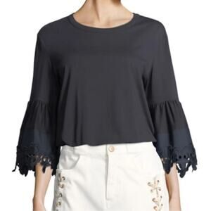 See by Chloe Ultramarine Black Blouse Flare Sleeve Navy Eyelet Lace Trim, Medium